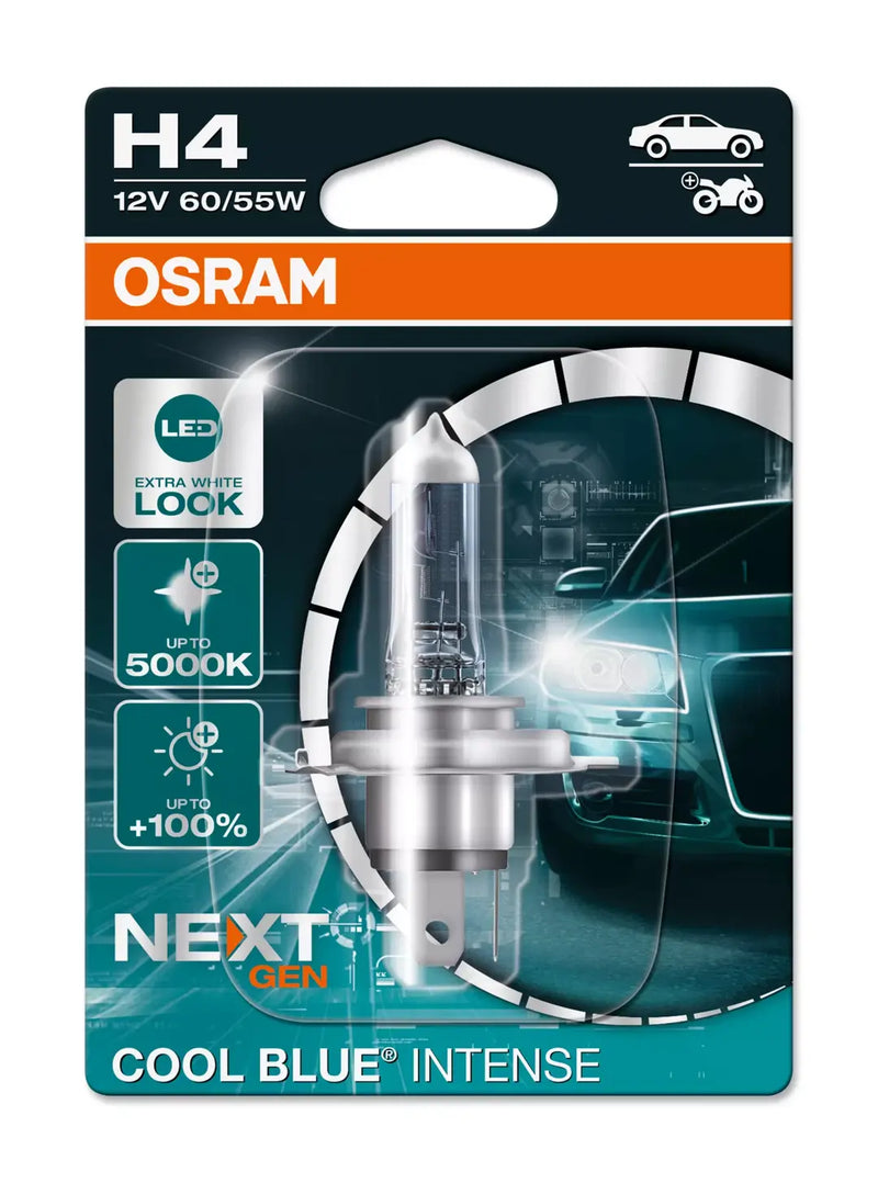 1 бр. Халогенна крушка Osram H4 Cool Blue Intense – 12V 55W бяла/синя светлина - Avtozona