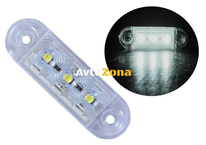 12V-24V - 3 LED преден маркер токос габарит - за бус платформа камион ремарке автобус - 65 мм х 10 мм - бял - Avtozona