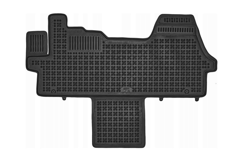 Covoraș din cauciuc Rezaw-Plast pentru Peugeot Boxer II (2006-2023/2023+) - față cu ranforsare pe partea șoferului și element suplimentar între scaune, pentru versiunea cu 2 și 3 locuri cu scaune deschise, fără huse suplimentare