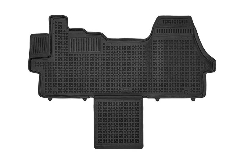 Covoraș din cauciuc Rezaw-Plast pentru Peugeot Boxer II (2006-2023/2023+) - față cu ranforsare pe partea șoferului și element suplimentar între scaune, pentru versiunea cu 2 și 3 locuri cu scaune deschise, fără huse suplimentare