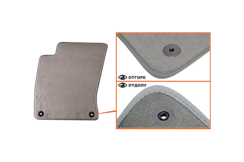 Мокетни стелки Petex за Audi A8 (2002–2010), къса база, 4 части, сиви, Comet, захват B01E8