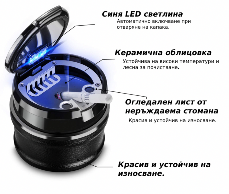 Компактен автомобилен пепелник с LED осветление