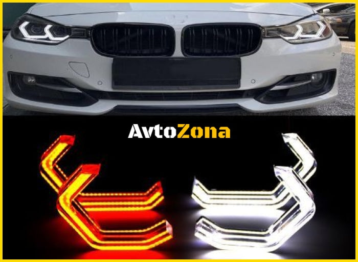 Диодни Ангелски Очи за BMW F30 - U-Design - с два цвята и функция мигач (бял и жълт) - Avtozona