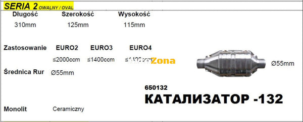 Катализатор за Двигатели до 2000 куб. см - Модел 132/2-ф55 Дължина 320 мм - Avtozona