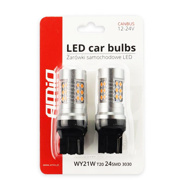 Комплект от 2бр. LED Лед Диодни крушки T20 WY21W Canbus 3030 24SMD 12V-24V оранжева светлина - Avtozona