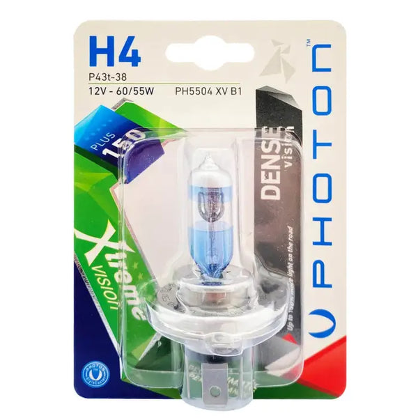 1 брой халогенна крушка H4 Х4 +150% 12V 60 / 55W P43T-38 бяла светлина в блистер DENSE VISION PHOTON - Avtozona