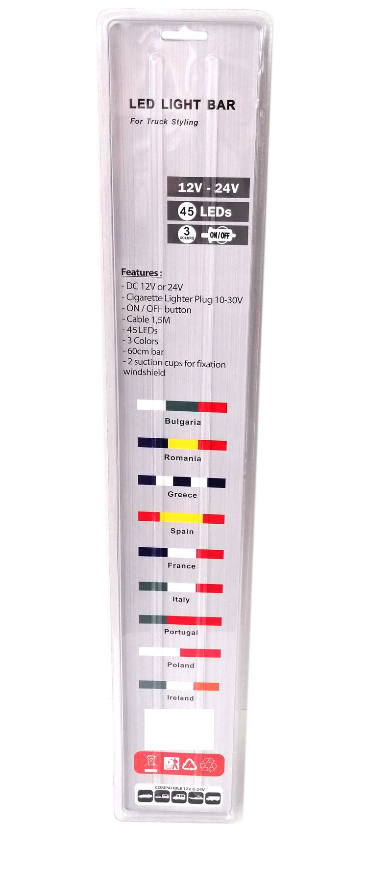 Светещ лед бар 60 cm 45 LED 12V - 24V синьо-бяло GR Greece флаг знаме Гърция - Avtozona