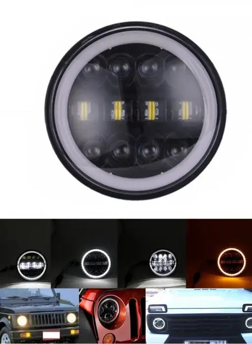 Универсален 7 инча 18см ЛЕД LED фар лампа халоген 12V-24V къси/дълги с DRL дневни светлини мигач бяло-жълто 4800lm за АТВ джип мотоциклет